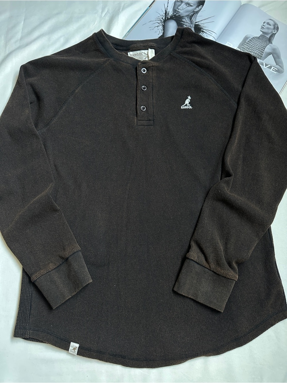 Kangol Men’s Dark Brown Waffle Henley Long-Sleeve Shirt